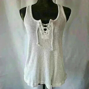 Old Navy Ribbed White Tank Top with Drawstring Front, Size XS Tall